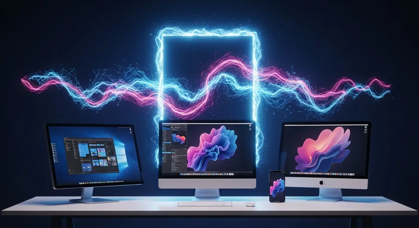 Midjourneyの魔法のポータルから高品質なデジタルアートが流れ出る様子。PCとスマホが横に置かれ、どのデバイスでも利用できることを示唆。