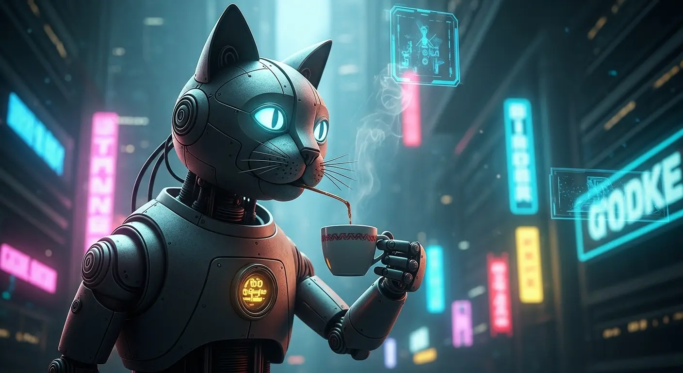 高精細で写実的な未来の都市を背景に、ロボット猫がコーヒーを飲んでいる画像。