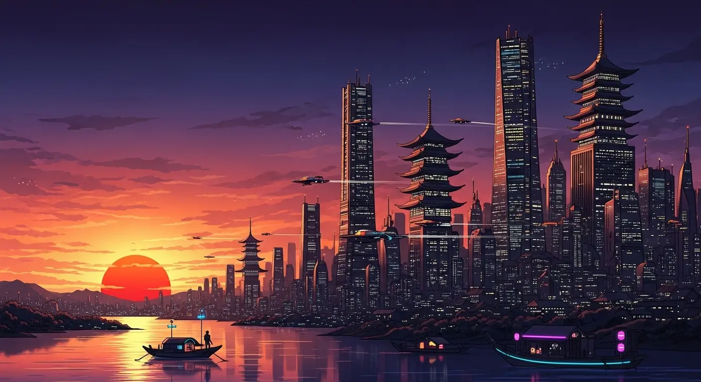 浮世絵（葛飾北斎など）の画風を適用した、幻想的な未来の都市の画像。Style Referenceの利用例。