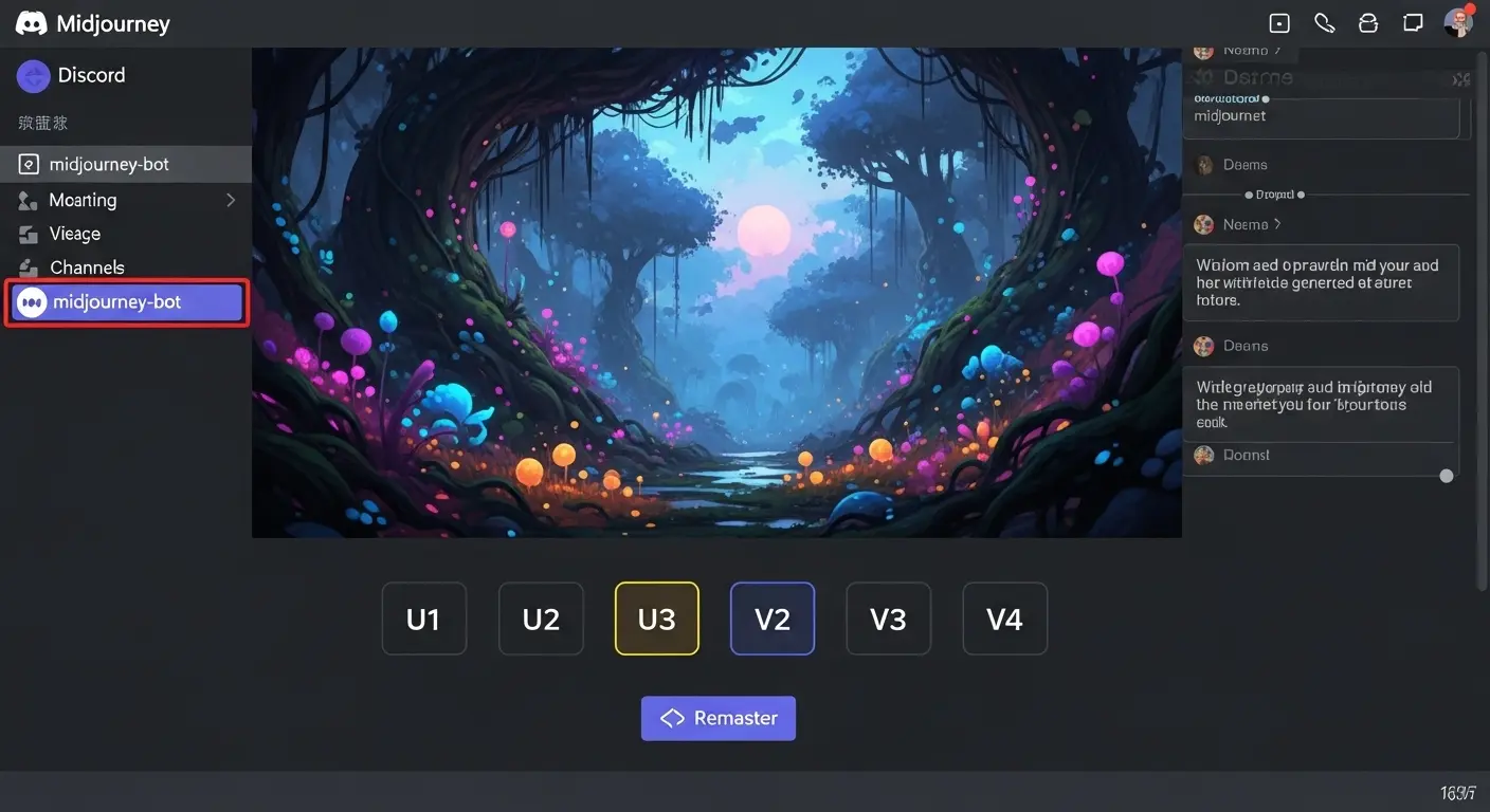MidjourneyのDiscord 画面のスクリーン ショット。生成された画像の下にUとVのボタンが表示されている操作 画面。