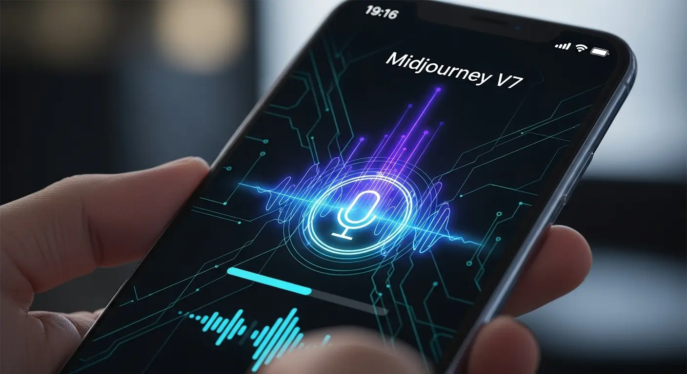 Midjourney V7の音声入力機能。スマートフォンでユーザーがマイクアイコンに話しかけている様子。