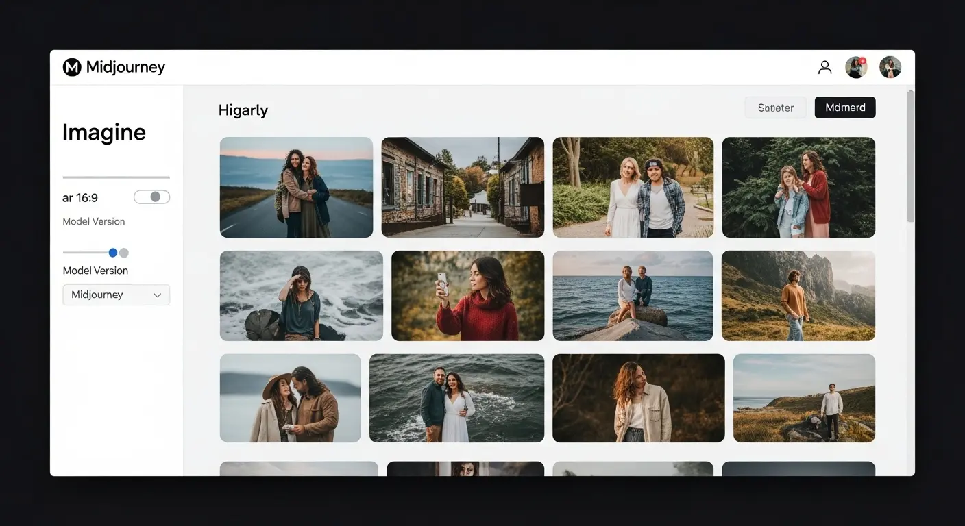 Midjourney Web版のギャラリー インターフェイスのモックアップ。画像 管理とフィルタリング 機能が強調されたデザイン。