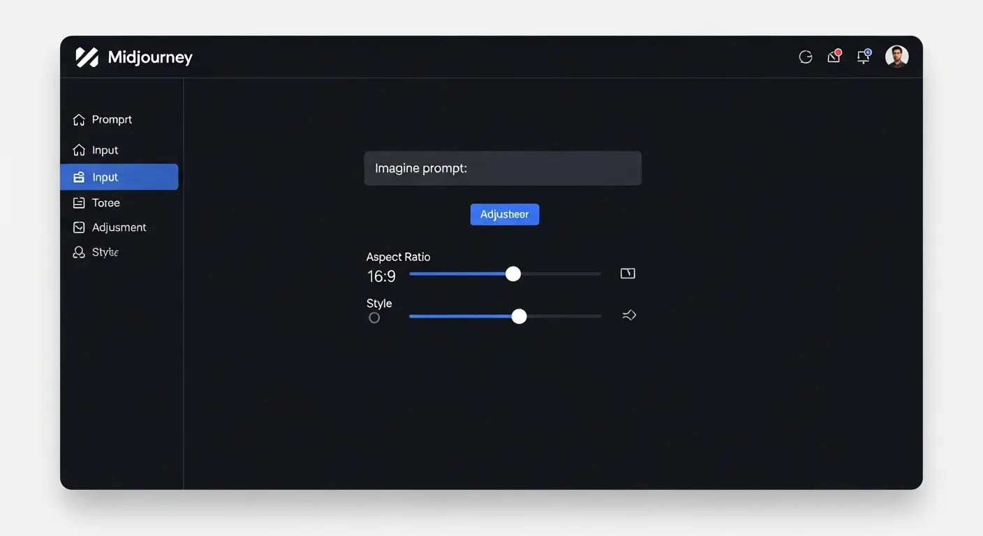 Midjourney Web版のプロンプト入力欄と、パラメータ調整用のスライダーを示す画面。