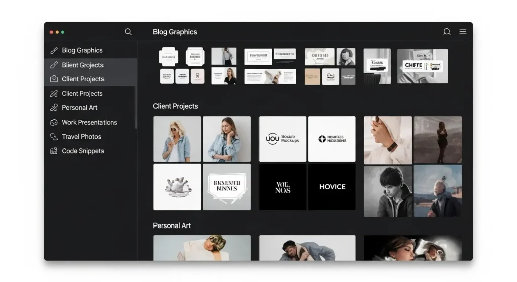 Midjourney Web版の整理（Organize）機能、画像がフォルダで分類されている画面。