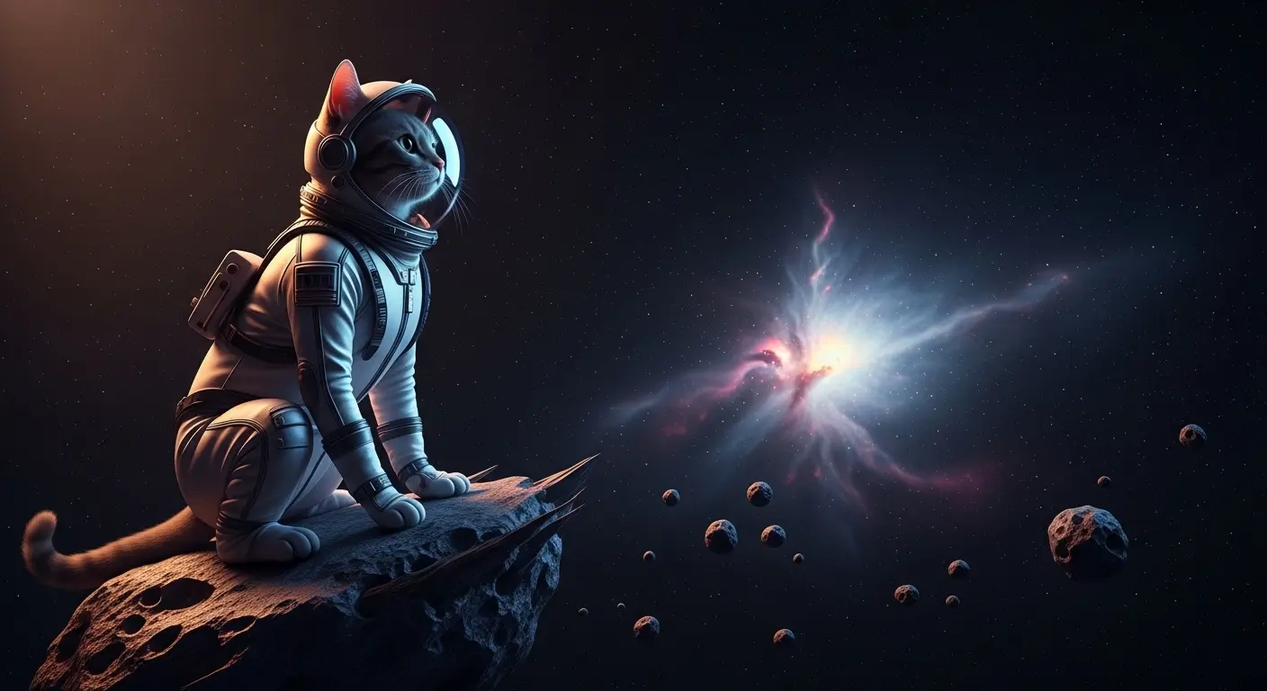 宇宙服を着た、可愛らしい 猫が宇宙の岩に座っている高精細な画像。プロンプトの具体例。