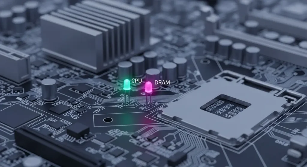 マザーボードの診断LEDが点灯している様子