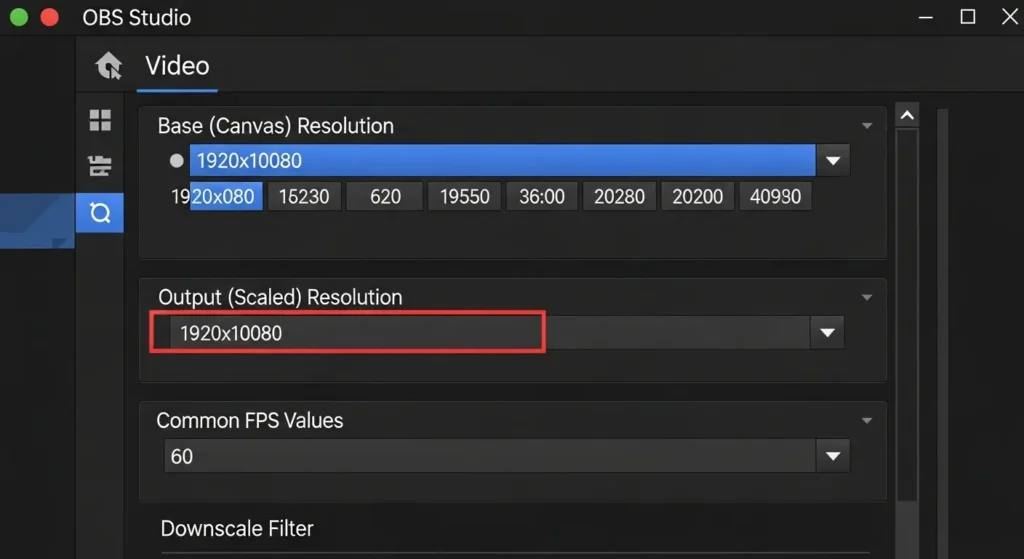 OBS Studioの解像度とFPS設定画面