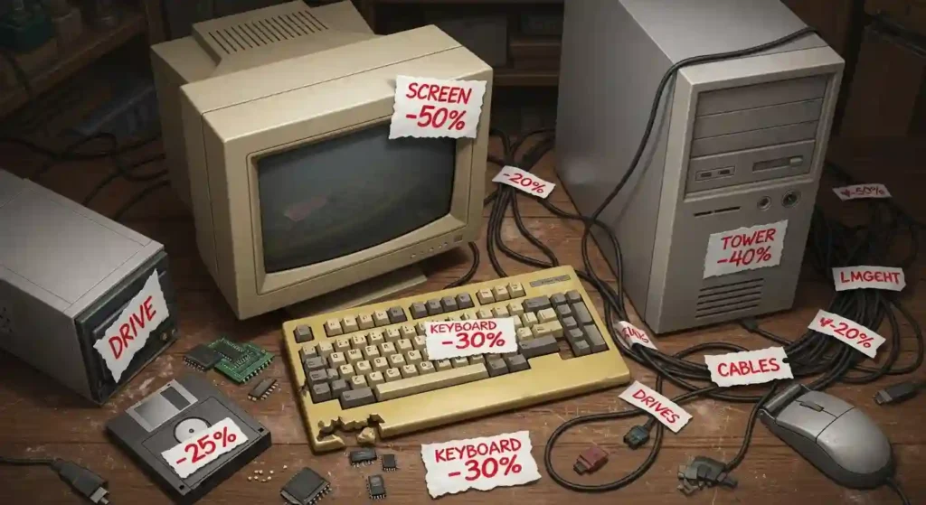古いPCパーツと価値の下落を示すイラスト。