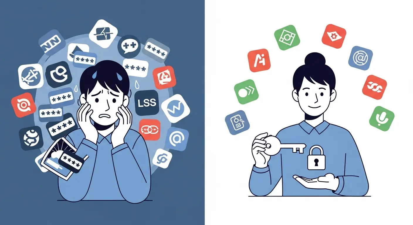 多くのパスワードを覚えようと苦労する人（左）と、パスワード管理アプリで解決する人（右）の比較。