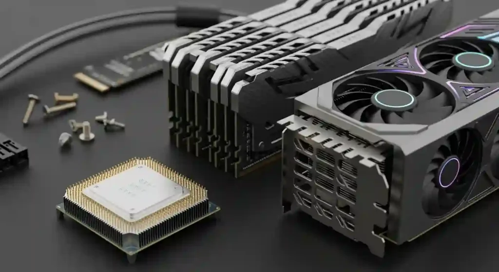 CPUやグラフィックボード、メモリなどPCパーツのクローズアップ画像。
