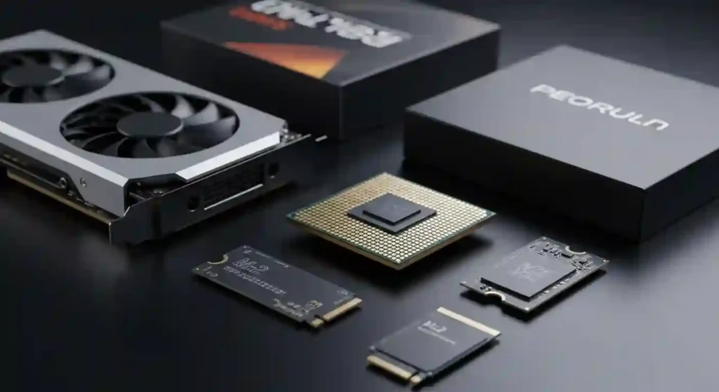 グラフィックボードやCPUなど、様々なPCパーツが並んでいる画像。