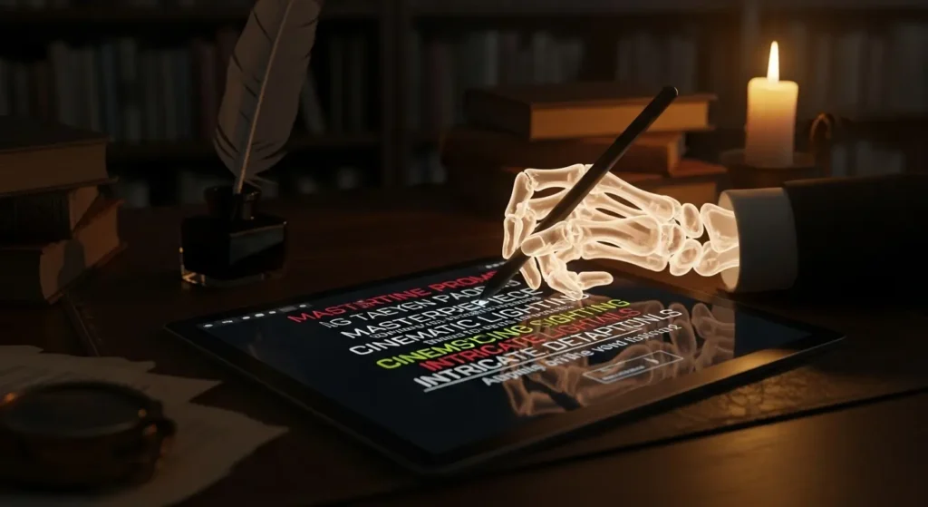 プロンプト作成のコツを示したデジタルノート。主題、画風、詳細が強調されている。