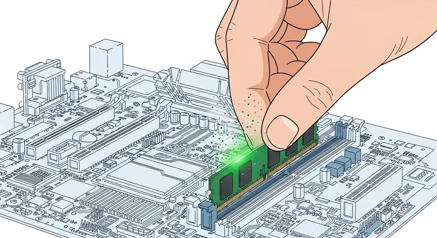 メモリ（RAM）をマザーボードから抜き差しする様子