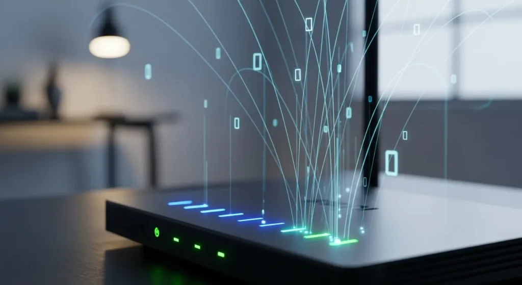 光るインジケーターを持つWi-Fiルーター。ポート転送設定の重要性を示す。