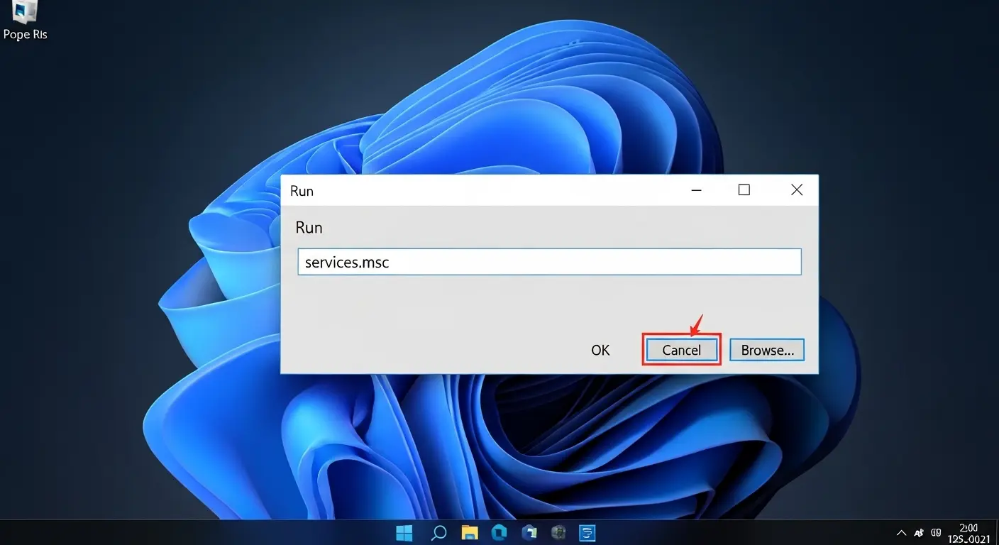 Windowsの「ファイル名を指定して実行」ダイアログボックスにservices.mscと入力している画面