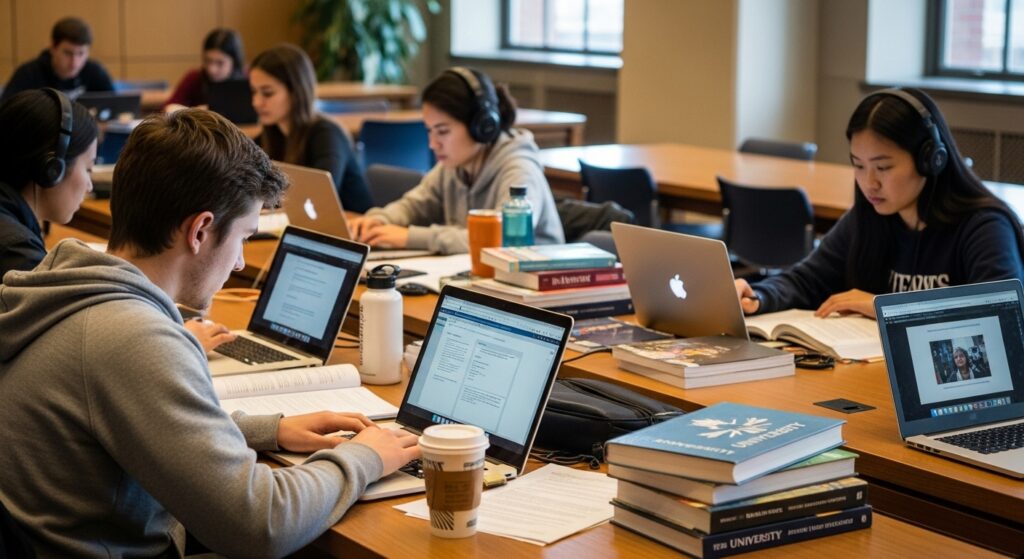 ノートパソコンを使う大学生たち