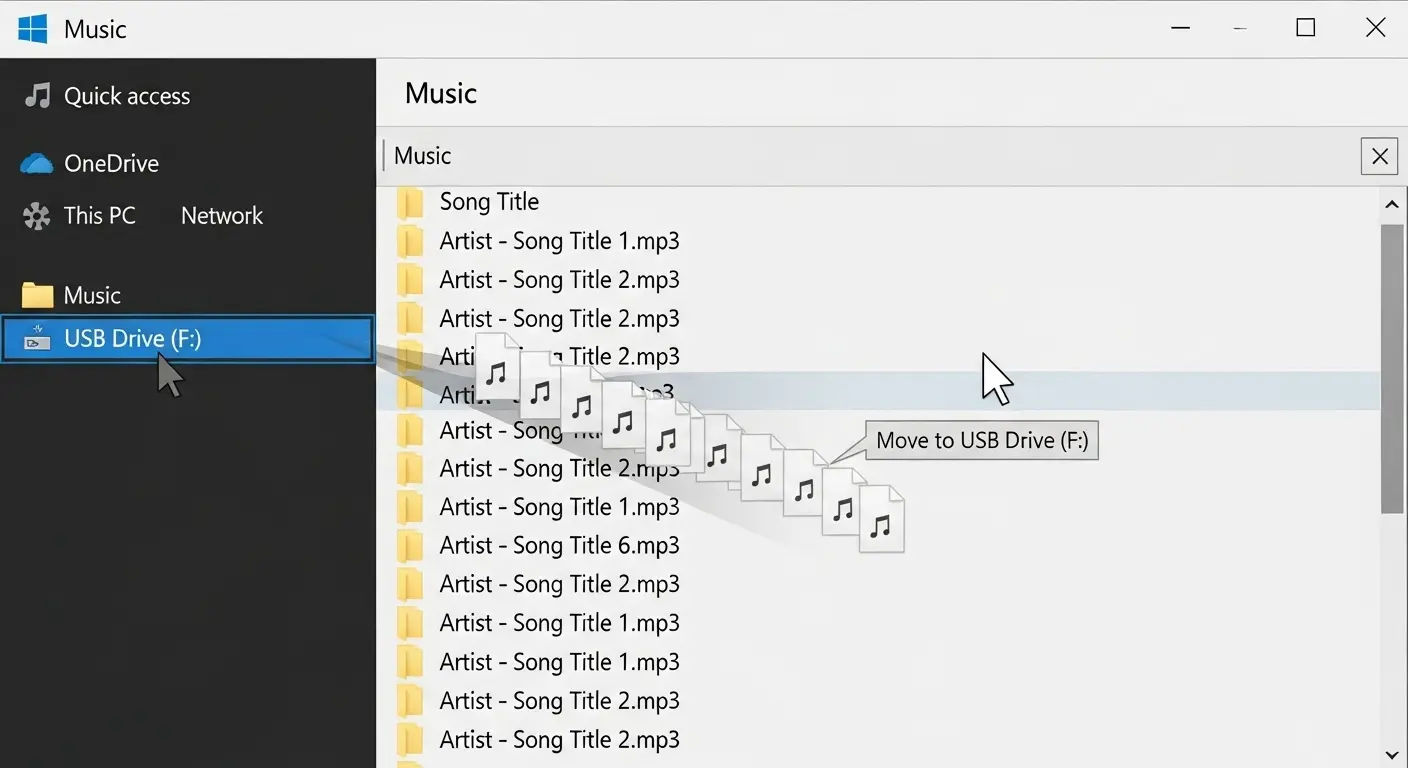 音楽ファイルをUSBメモリに転送する画面