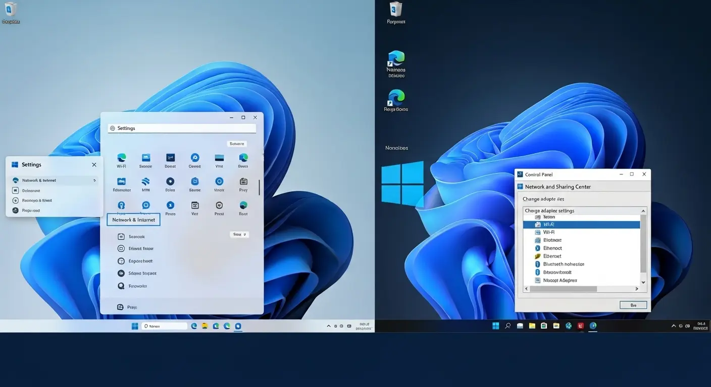 Windows 11とWindows 10のVPN設定画面の違いを比較する画像。