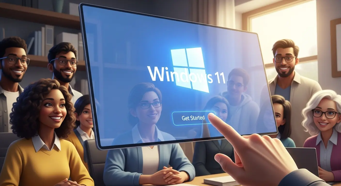 Windows 11セットアップ開始画面と様々なユーザーのイラスト