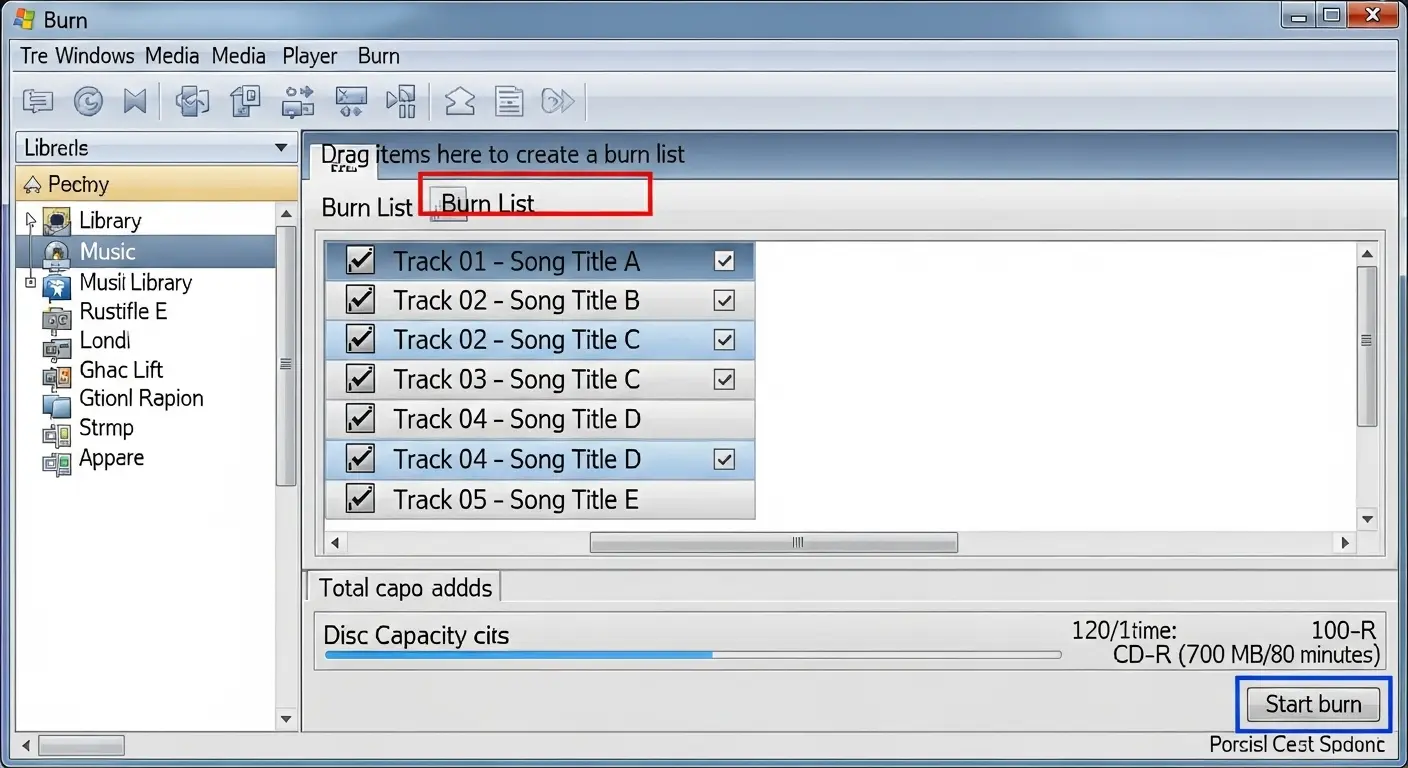 Windows Media Playerで音楽CDを書き込む画面
