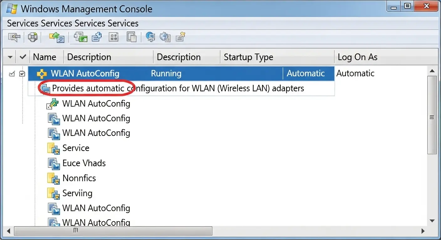 Windowsのサービス管理画面で「WLAN AutoConfig」サービスのステータスを確認している画面