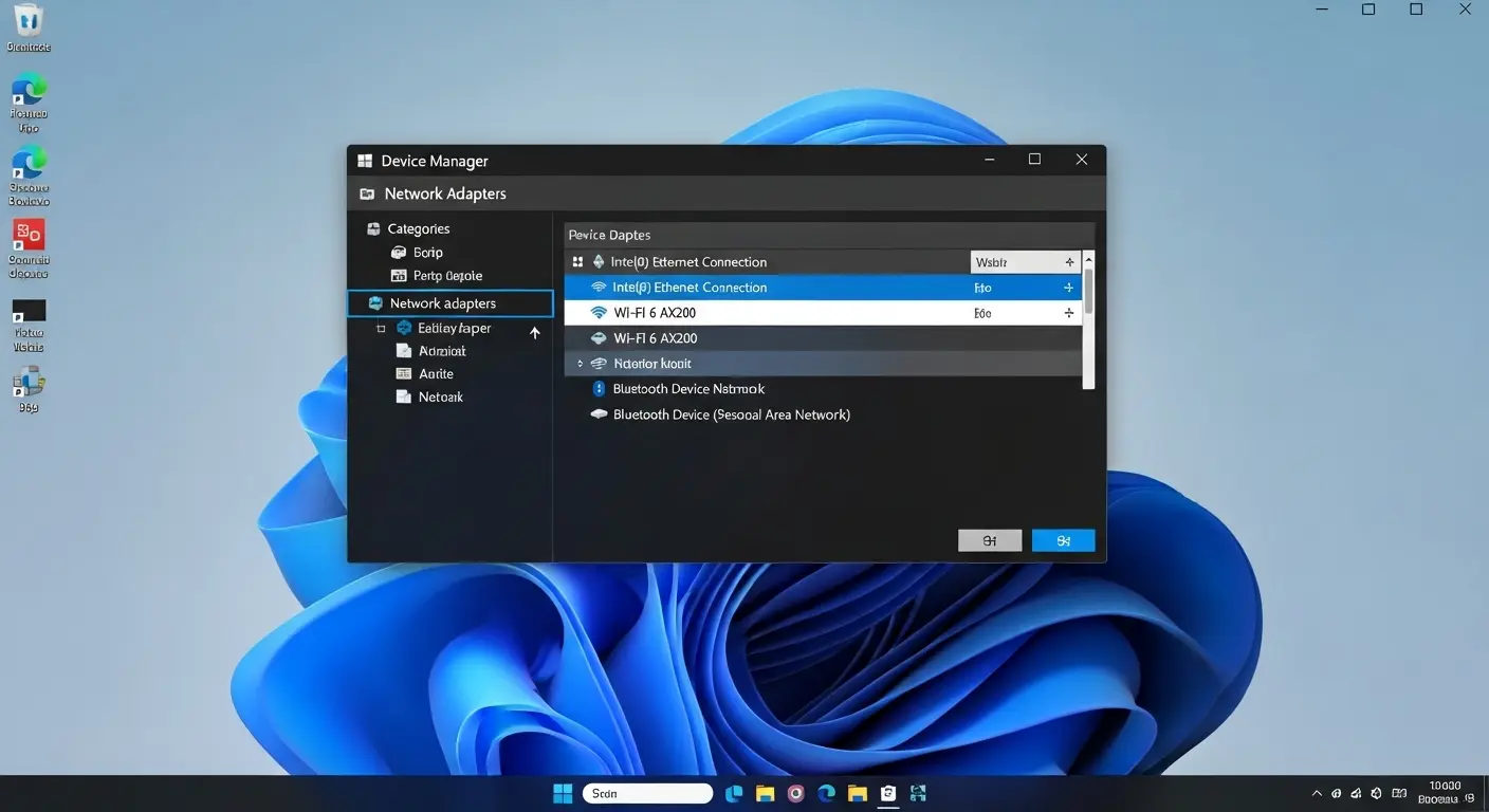 Windows 11のデバイスマネージャーで「ネットワークアダプター」の項目が展開されている画面