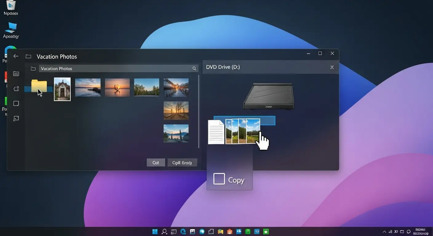 Windows 11のエクスプローラーでDVDにファイルをドラッグ&ドロップする画面