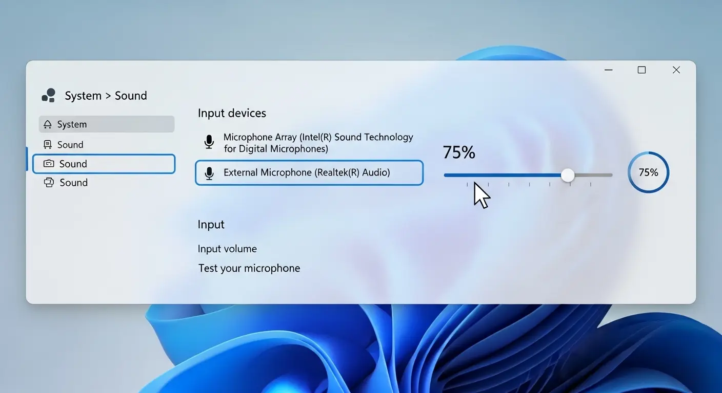 Windows 11でマイクの入力設定と音量を調整する画面