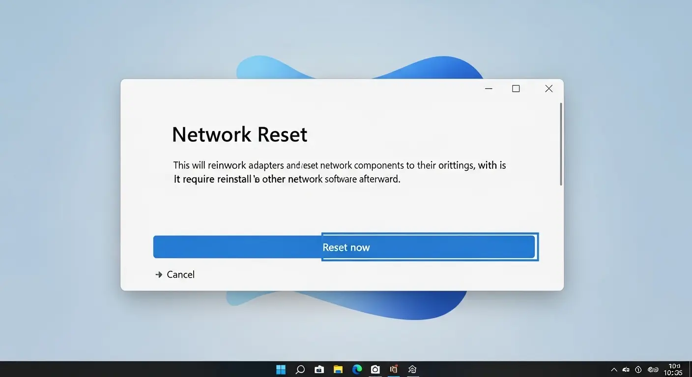 Windows 11の「ネットワークのリセット」画面で「今すぐリセット」ボタンが強調されている状態