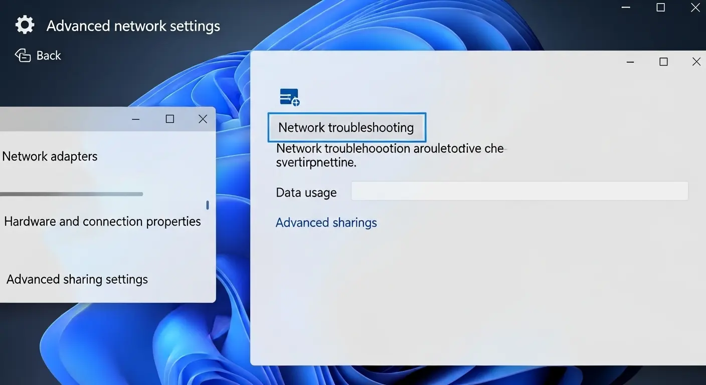 Windows 11の「ネットワークの詳細設定」画面で「ネットワークのトラブルシューティング」ボタンが選択されている状態
