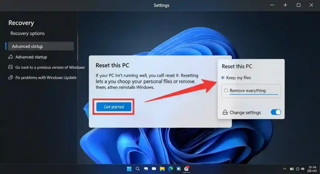 Windows 11の「このPCを初期状態に戻す」設定画面。