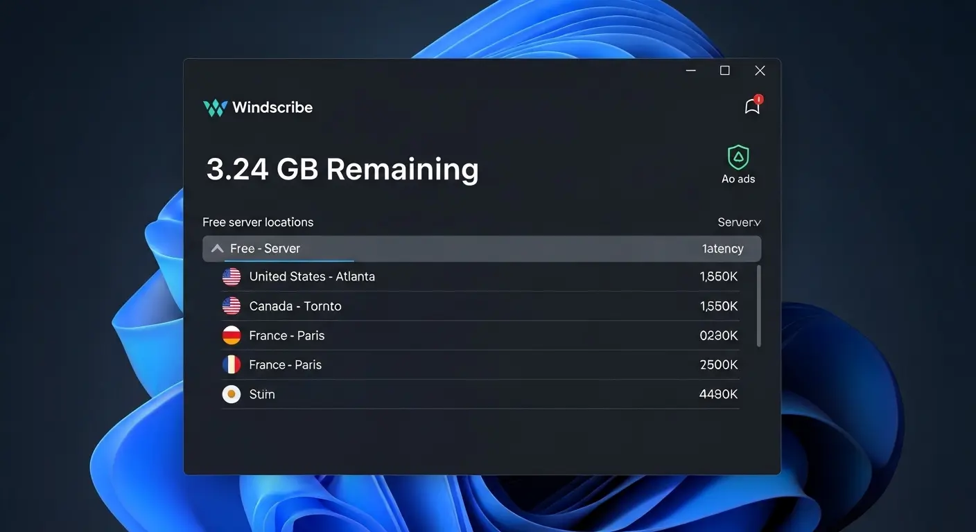 Windscribeの無料版アプリ画面
