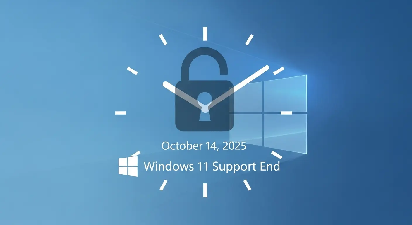 Windows 11 のバージョン別サポート期限とセキュリティリスクを示すデジタル時計と鍵のアイコン