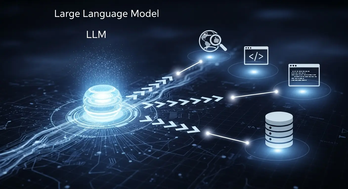 AIエージェントがLLMを中心に外部ツールを活用し、自律的にタスクを完了するフローチャート。