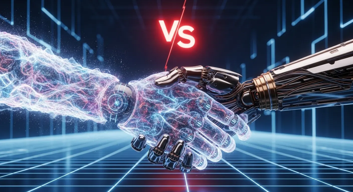 AIエージェントと生成AIの違いを象徴する握手する二つのロボットハンド