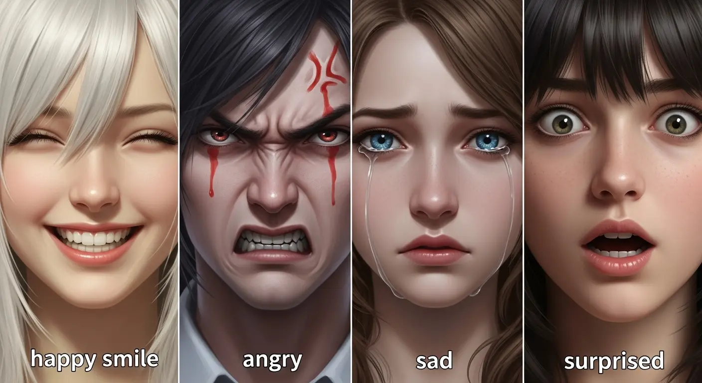AIイラストのプロンプトで生成された、喜び、怒り、悲しみ、驚きの4種類の豊かな表情が並んだ画像。