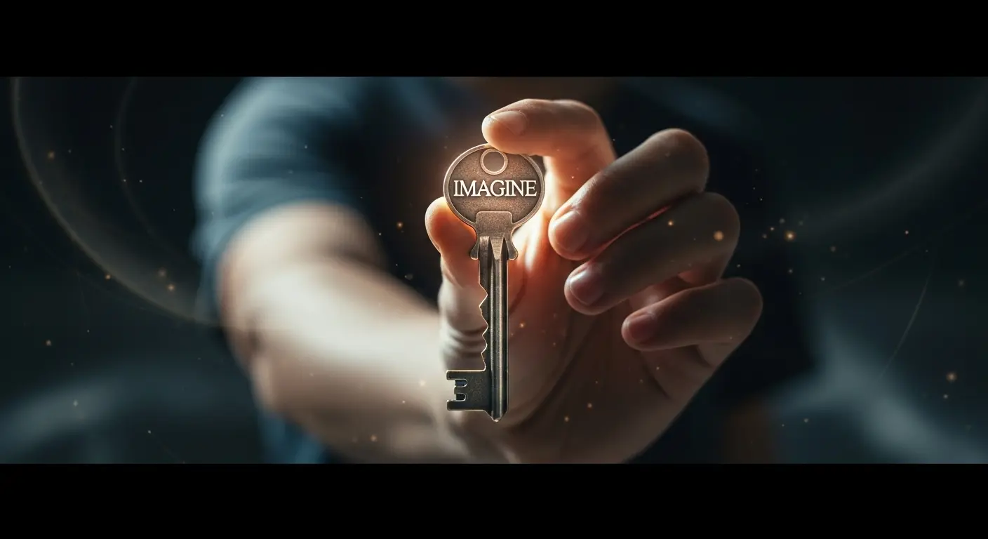 手のひらに乗った「IMAGINE」と刻まれた光る鍵のイメージ。