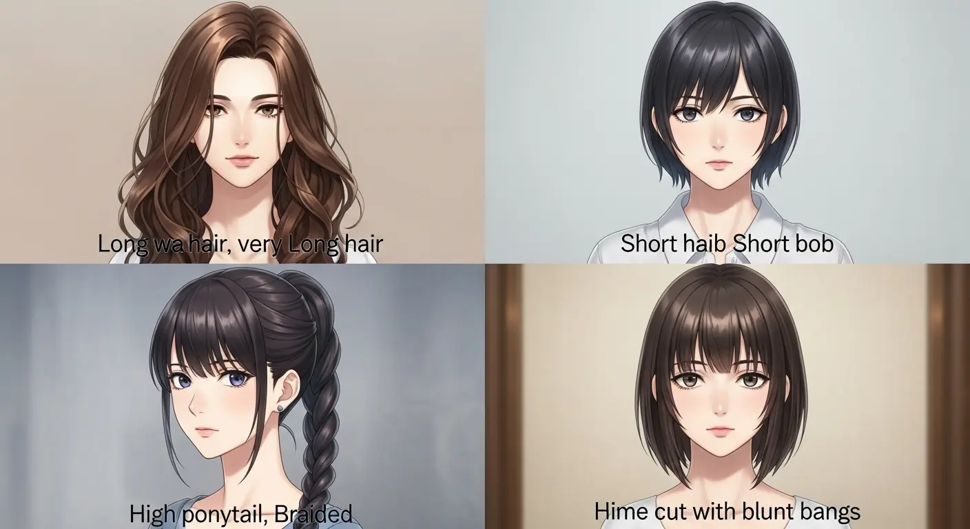 AIイラストのプロンプトで生成されたロング、ショート、ポニーテール、姫カットの4種類の髪型を比較したアイキャッチ。