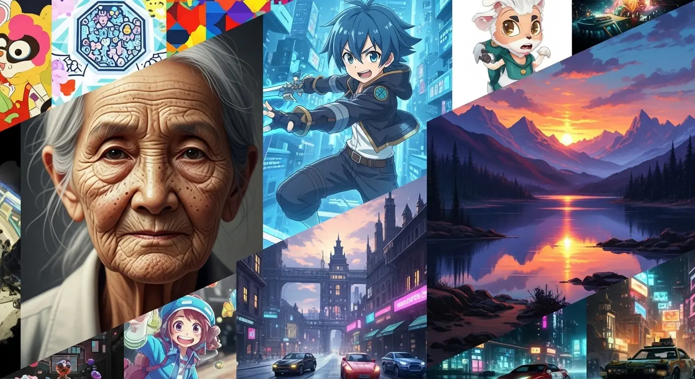 登録不要のAI画像生成サイトで作成されたリアル・アニメ・風景など多様なアートスタイルを集めたコラージュ