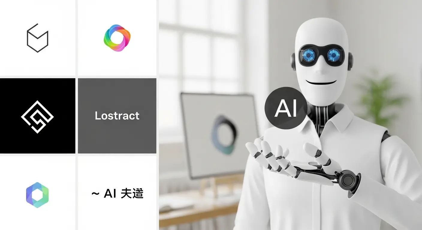 AIで自動生成された多様なスタイルのロゴデザインを集めたコラージュ。