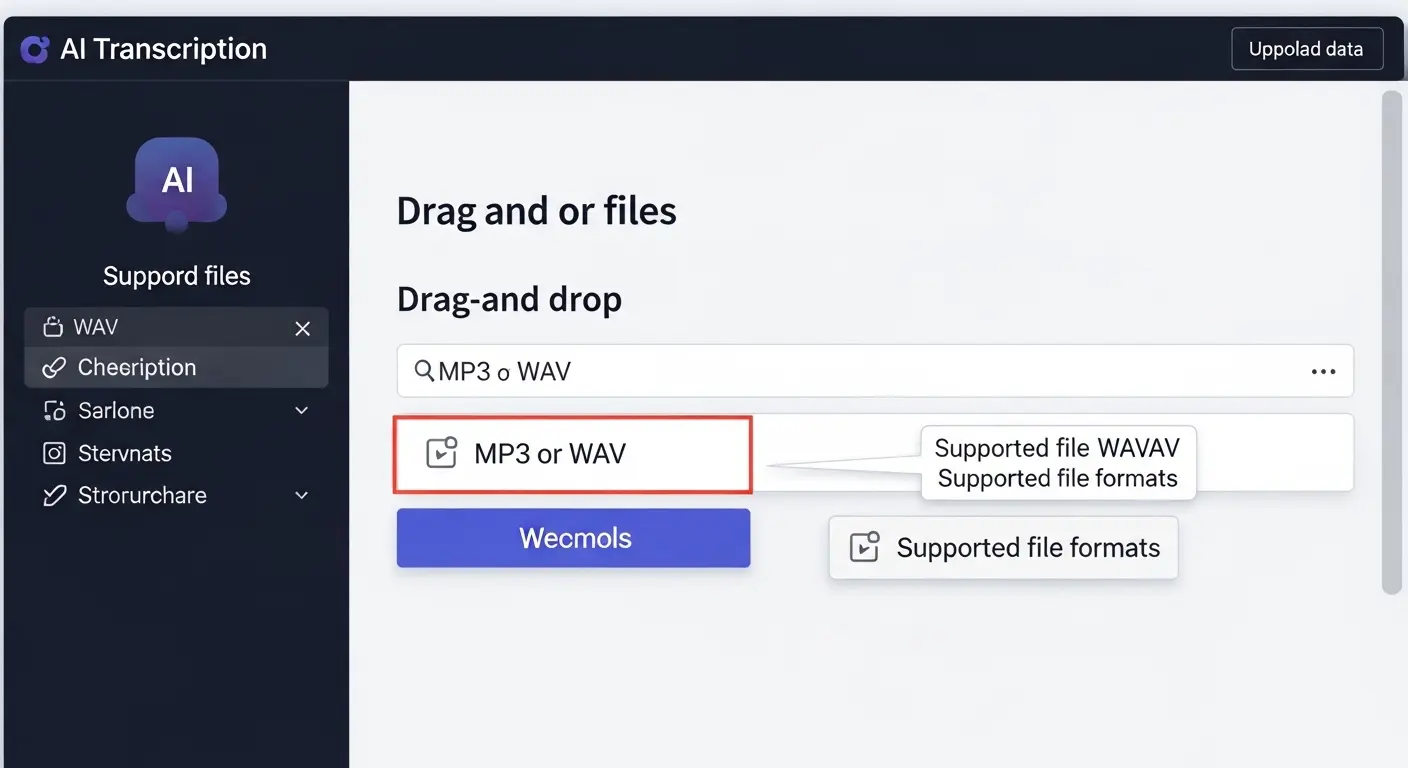 AI文字起こしサービスでの音声ファイルのアップロード画面。