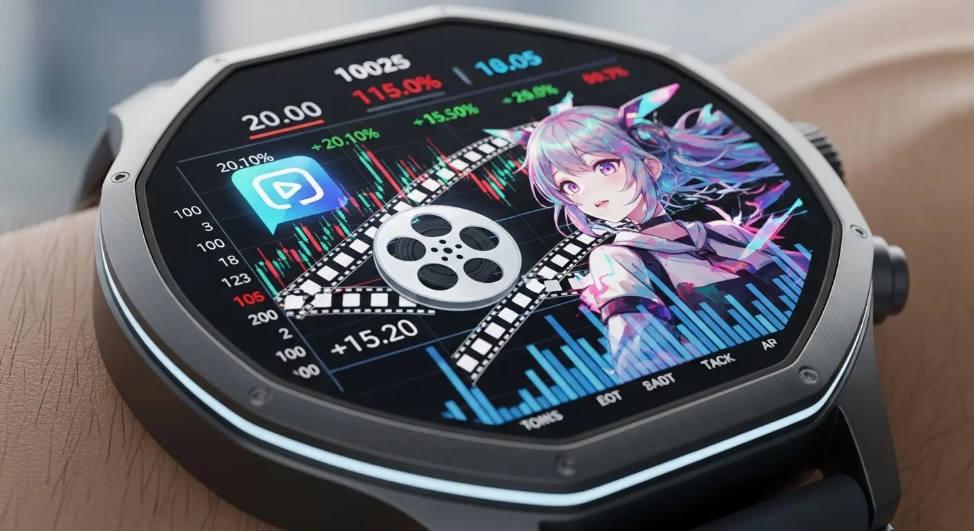 2025年のAIトレンド（動画、アニメ、株価）を表示した未来的な腕時計の画面。