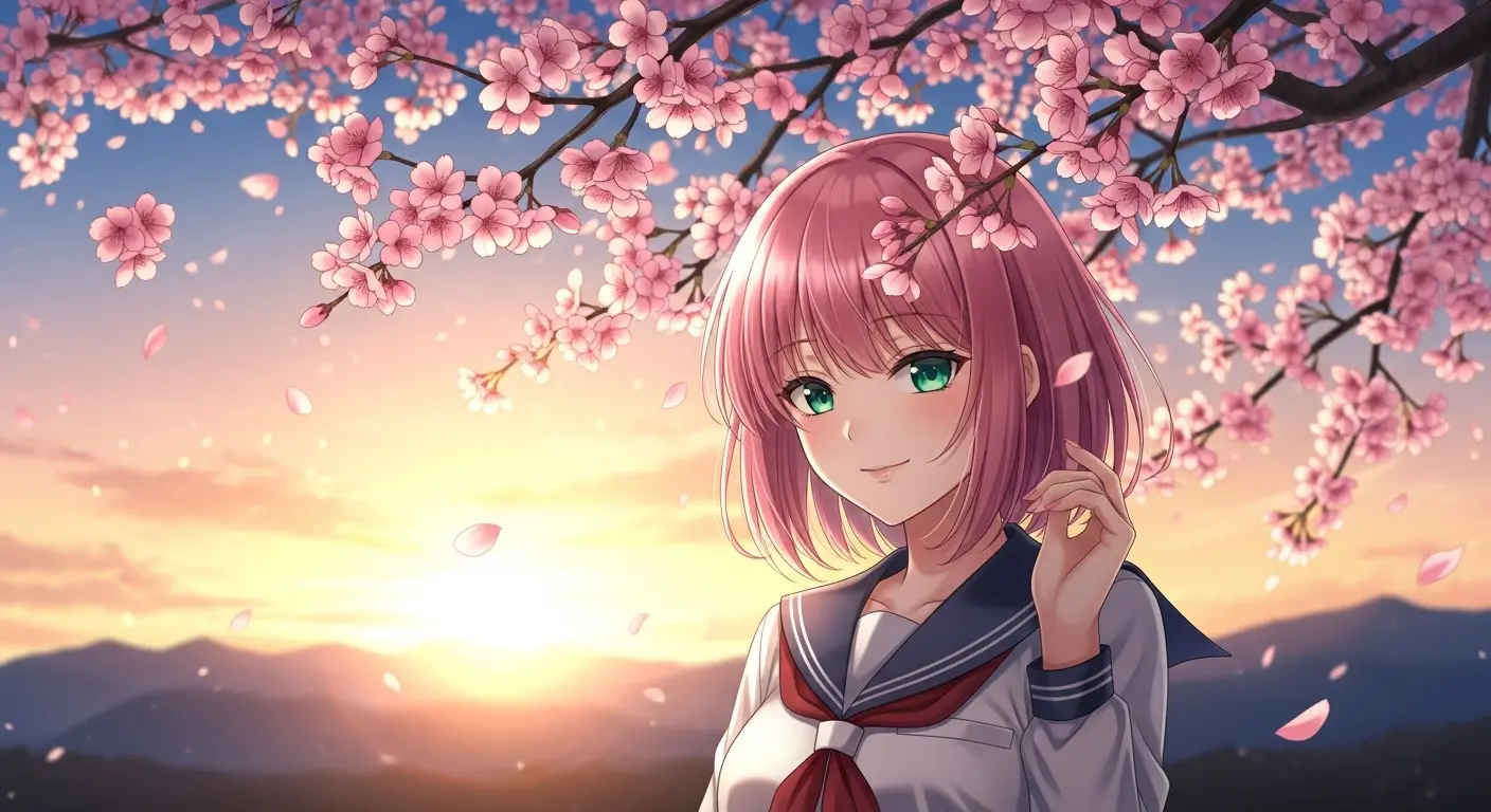 Ainova AIで生成された、桜の下に立つピンク髪の女子高生のアニメ風イラスト。