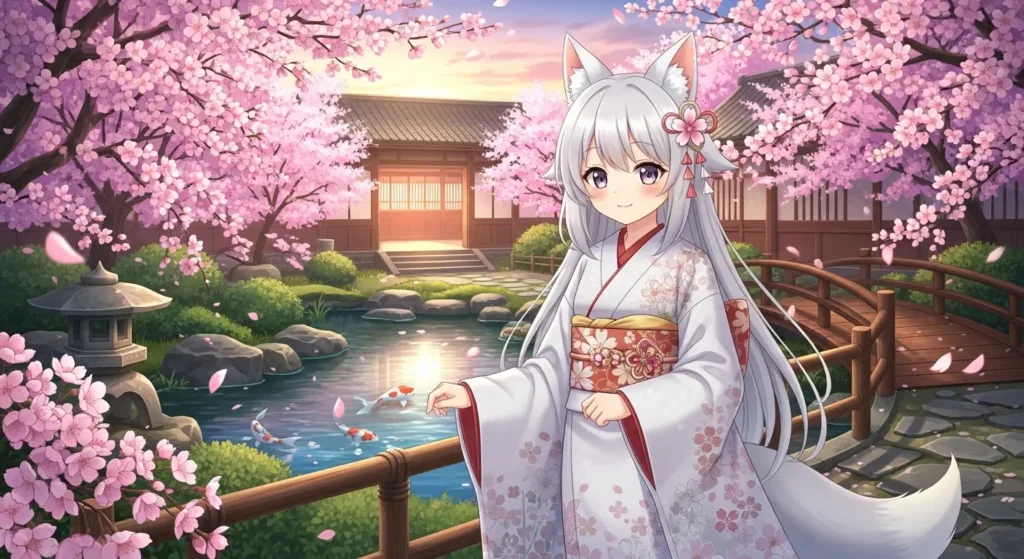 桜が舞う日本庭園に立つ、狐耳で着物を着た可愛いアニメ風美少女イラスト。