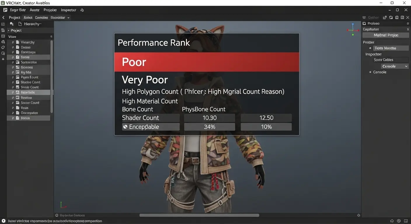 VRChat SDKの画面で、アバターのパフォーマンスランクが「Very Poor」など低く表示されている様子。