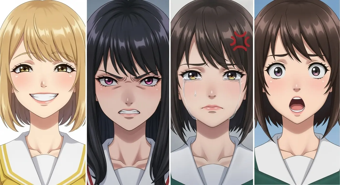 AIイラストで表情を生成するための、笑顔、怒り、悲しい、驚きのプロンプトと、それぞれの生成結果の顔の比較。