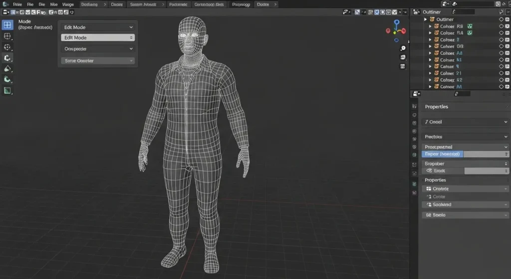 Blenderの3Dモデリングインターフェースで編集中のVRChatアバターモデル