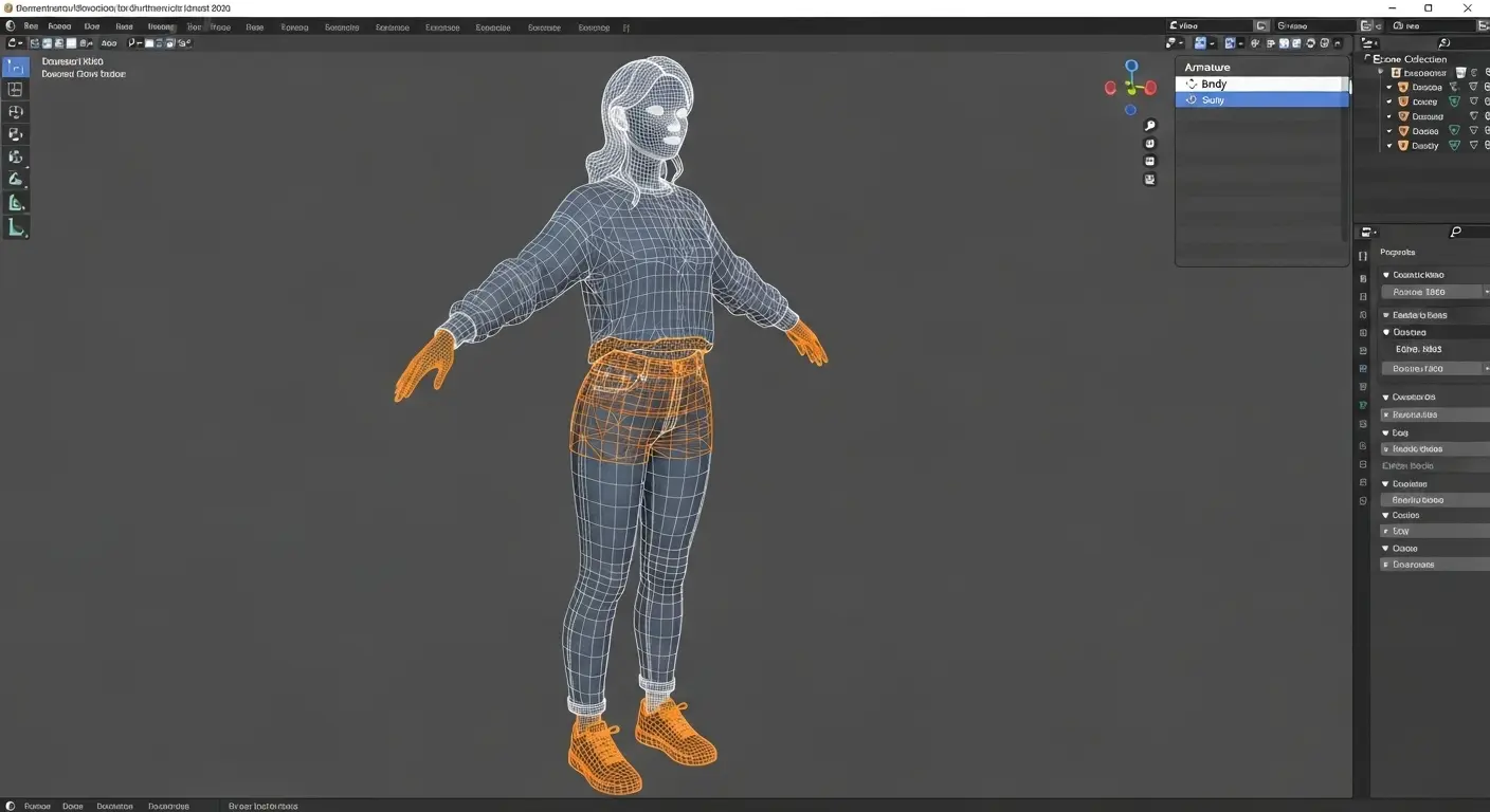 3DツールのBlender上で、服に隠れるアバターの素体のメッシュを削除している様子。