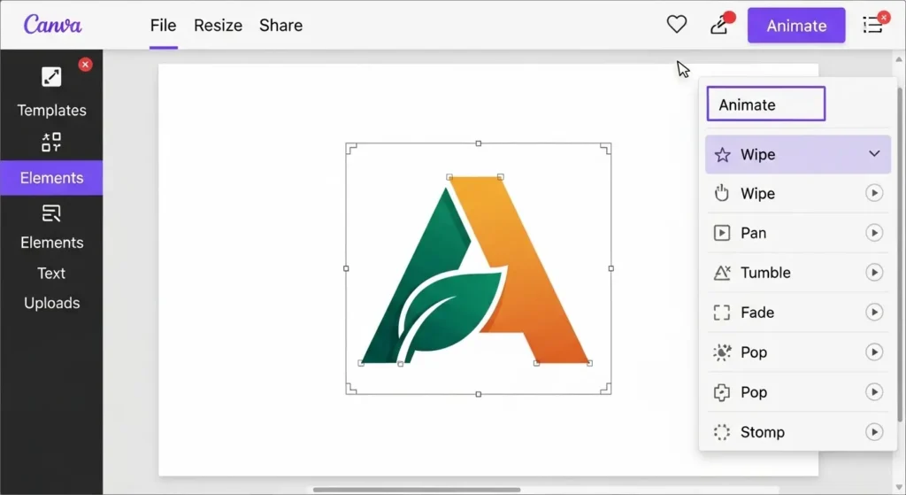 Canvaで作成したロゴにアニメーション効果を適用するメニュー画面。