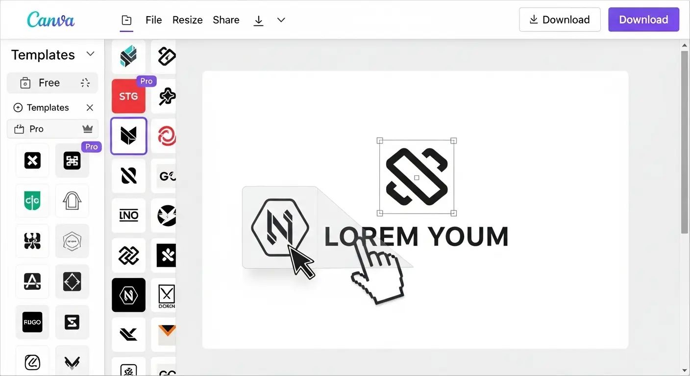 Canvaのロゴ作成画面。数多くのテンプレートが一覧表示されている。